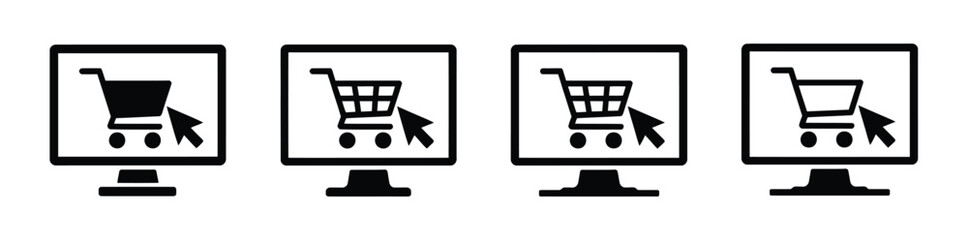 Computer monitor with shopping cart icon, online store and digital business vector illustration featuring flat outline ecommerce UI design for online shopping, retail platforms, web applications, and  © Khoteza