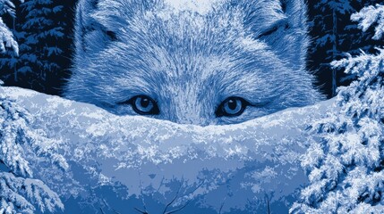 Obraz premium An arctic fox with only its eyes and ears visible observes its surroundings from a snowy ridge in a dark winter landscape.