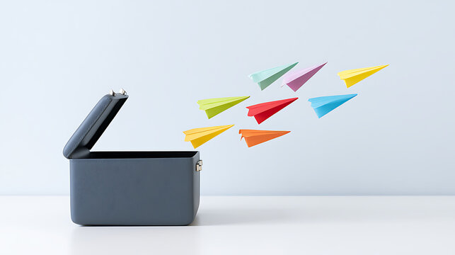 Colorful paper airplanes fly from an open gray box, symbolizing new ideas, creativity, and the launch of innovative concepts against a clean, bright background
