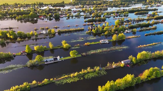 Aerial drone view the harbour of Scheendijk Loosdrechtse Plassen, a floating village in the Netherlands at sunset. High quality 4k footage