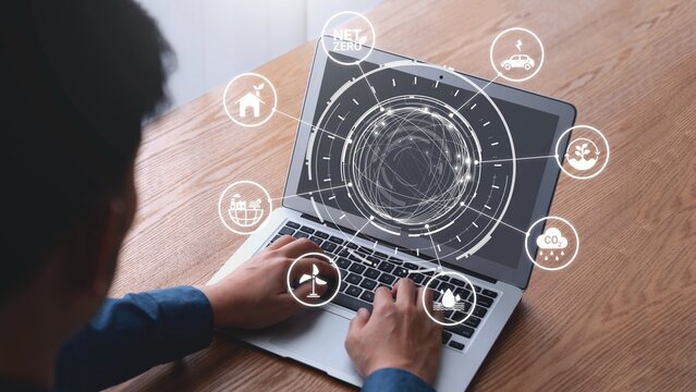Net zero and sustainability concepts with environmental balance, digital sustainability icons, green energy goals, and eco-conscious digital business transformation for the future. Gist
