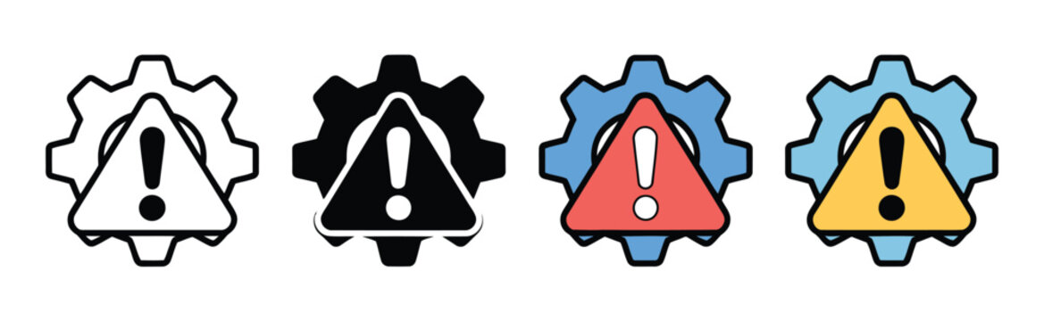 Failure icon set, gear and exclamation mark vector symbols representing system malfunction, technical error, warning alerts, equipment failure, industrial breakdown, maintenance, diagnostics, and trou