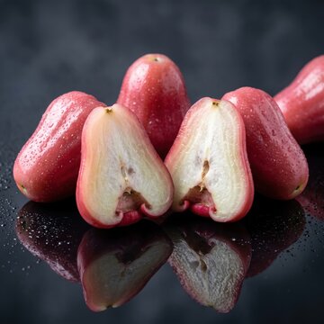 Fresh rose apples or wax apples with water drops on a black reflective surface