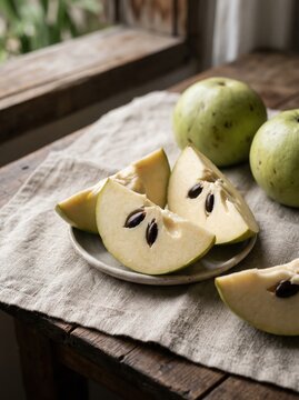 Freshly sliced green star apple fruit on a rustic wooden table