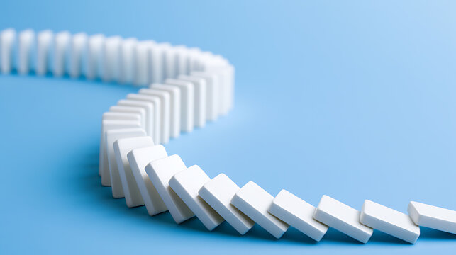 White rectangular blocks in a winding row on a blue background, illustrating a fall, danger, business, or chain reaction concept