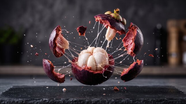 Exploding mangosteen fruit with white segments and purple rind in midair
