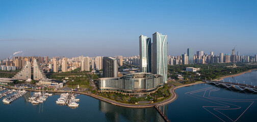 Fototapeta premium Aerial view of modern architectural complex in Shenzhen Bay Super Headquarters Base with twin towers and marina