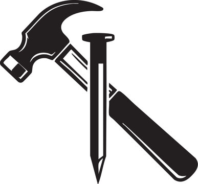 Black hammer and nail icon, construction tool symbol