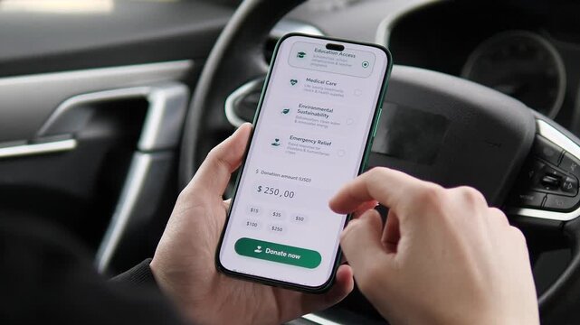 User choosing Education Access on a charity app. The selection highlights a scholarship and teacher program. Ideal for non-profit marketing, social impact, and humanitarian aid stock footage.