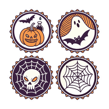 Halloween icons, spooky symbols, pumpkin ghost spider web, 4 vector graphics