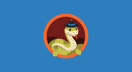 Obraz premium Cute green snake wearing a small black hat sticking its tongue out while peeking through an orange circular frame design.