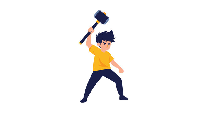 Determined young boy in a yellow t-shirt and blue pants raising a large heavy sledgehammer high above his head in the air.