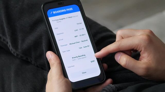 Phone screens showing complete flight boarding pass with passenger details, seat assignment, gate info, and price. Great for travel vlogs, airline app promotions, or business trip content.