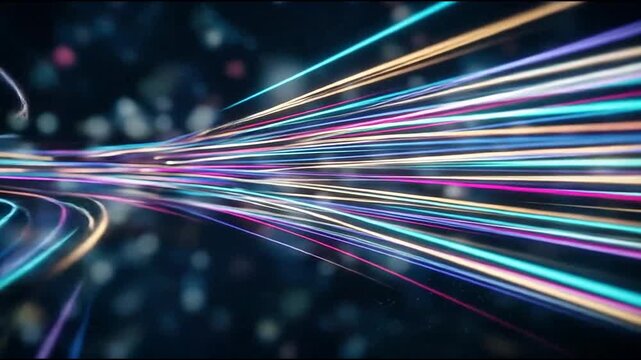 Colorful fiber optic light streaks flowing through digital space.