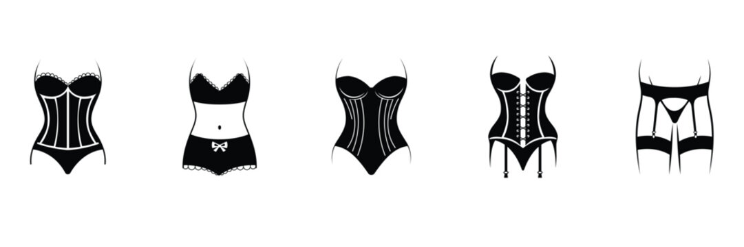 Lingerie icon set featuring classic elegant female corsets underwear bodysuits and garter belts for fashion design vector illustration