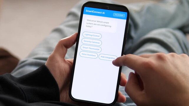 User interacting with an AI configuration app for smart home systems. Selecting between lighting, cameras, and thermostats. Ideal for IoT setup, home automation, and AI-driven tech stock footage.