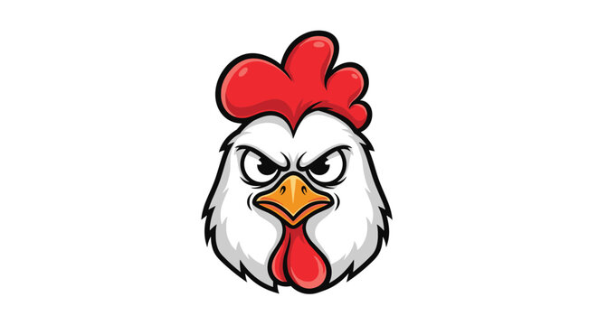 Aggressive rooster head mascot with red comb and angry facial expression looking directly forward on white background.