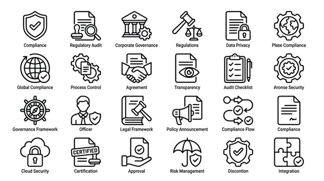 Corporate compliance and regulatory governance icon set for business audit and legal framework with simple black line style isolated on white background for professional enterprise risk 