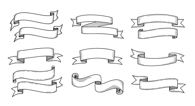Collection of various vintage style hand drawn ribbon banners and scrolls for titles and text decoration in black and white.