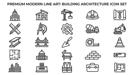 Naklejka premium Modern line art icon collection for building architecture featuring highrise structures suburban homes heavy machinery safety equipment drafting supplies bridge infrastructure concrete construction