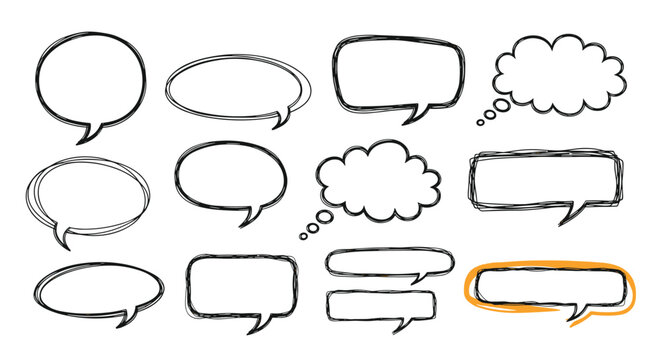 Large collection of hand-drawn sketchy speech bubbles and thought clouds in various shapes including one highlighted in orange.