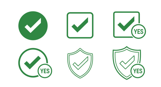 Collection of green checkmark and shield icons representing approval, safety, verification, and successful operations for web apps.
