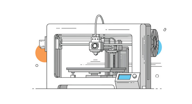 Detailed line art illustration of a modern 3D printer machine with control panel and filament spool for manufacturing concepts.