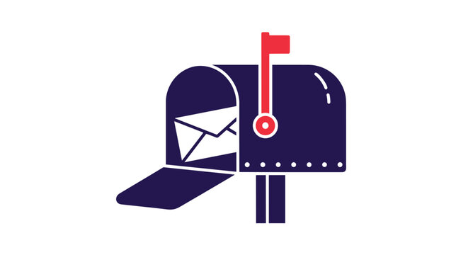 Purple mailbox icon with a red flag raised and an envelope inside representing traditional postal delivery and correspondence.