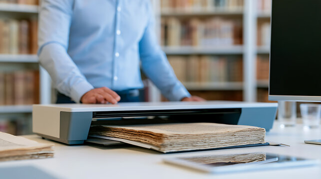 Professional operate a document scanner in a library archive to digitize old books and historical records for digital preservation and access