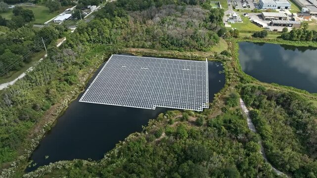Aerial Drone View of a Floating Solar Panel Array on a Retention Pond in Altamonte Springs, Florida.  November 4, 2025. 