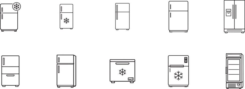 Refrigerator, freezer and fridge icon set for kitchen, appliance, UI, app, web and branding design.