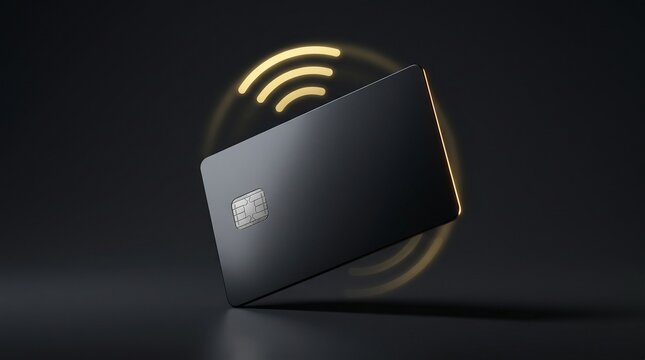 Black credit card hovering with golden contactless payment signals.