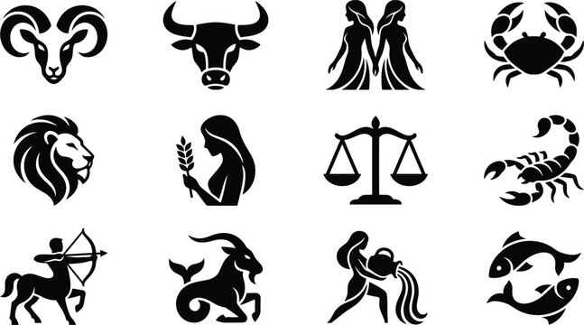 Set of twelve black zodiac sign icons featuring astrology horoscope symbols for all twelve months of the year