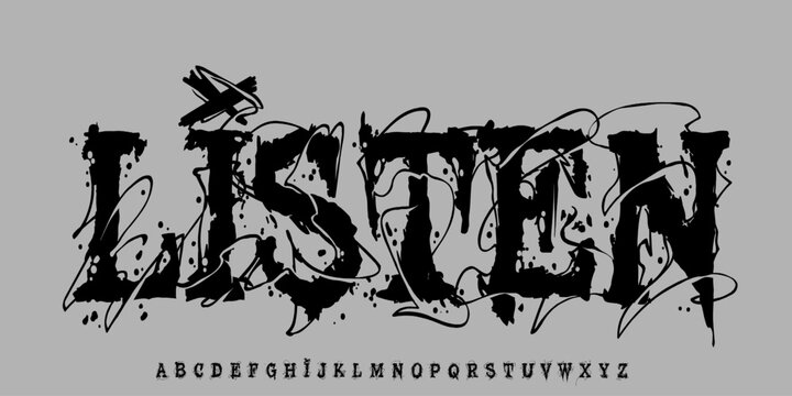 Y2k Dark Rock Lettering tattoo vector type font. Grunge style type font with Gothic Punk Rock and Dead Rock. Scary tattoo font concept. Rock n Roll style lettering. Vector Illustration	