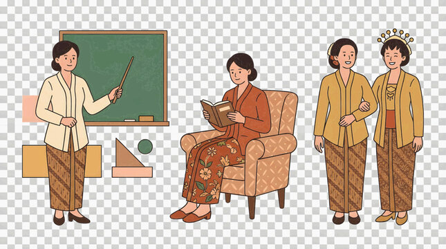 Indonesian Women in Traditional Kebaya and Batik Attire Illustration Set