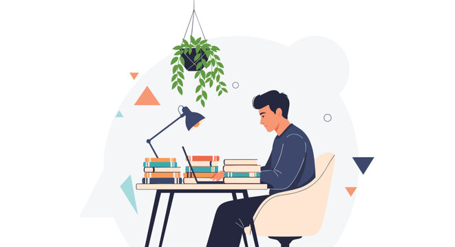 Diligent young student studying hard with stacks of books and laptop at cozy home office desk under plant.