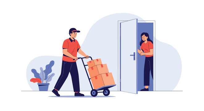 Friendly delivery courier delivering cardboard boxes on a hand truck to a female customer at her open office door.