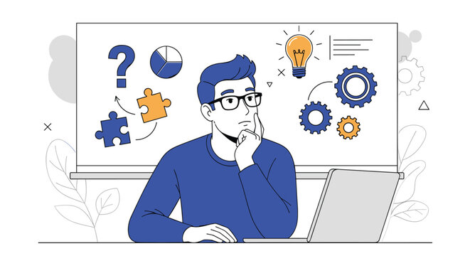 Thoughtful businessman in glasses sits at office desk with laptop while analyzing complex logical problems on whiteboard.