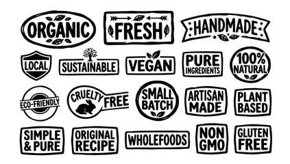 Obraz premium Hand Lettered Organic Product Label Sticker Sheet, Bold Retro Ink Stamp Badges Vector