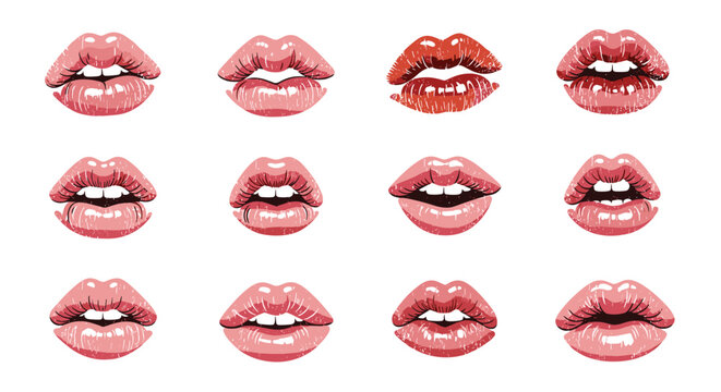 Collection of twelve female lips with different lipstick shades, glosses, and makeup styles on white background.