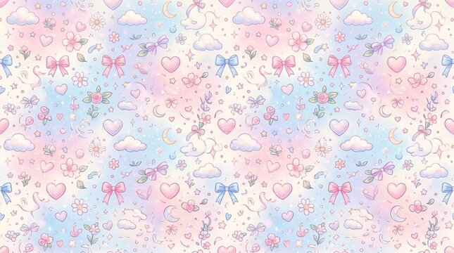 Seamless pattern with pastel bows, hearts, flowers, and clouds on a soft watercolor rainbow background, for girly stationery, and nursery textile