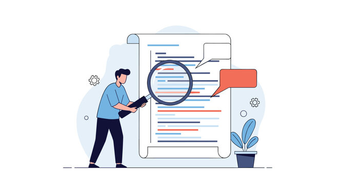 Software quality assurance specialist inspecting programming codes on a giant document scroll with a magnifying glass.