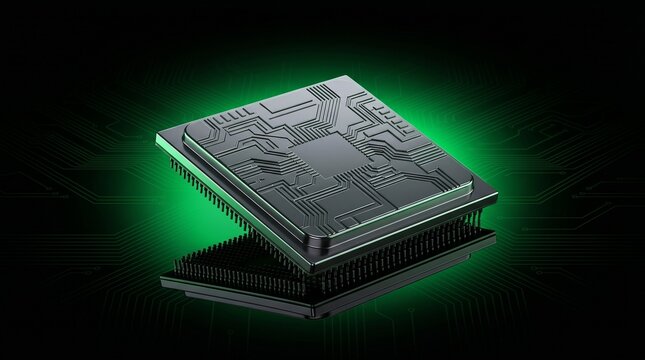 Advanced processor chip with glowing green circuit board, representing cutting-edge technology and computing.