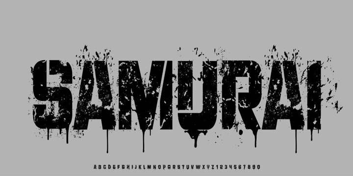 Samurai font. Horror bloody, scary alphabet. Insane Fear brutal, scream font. Wicked night theme style design	