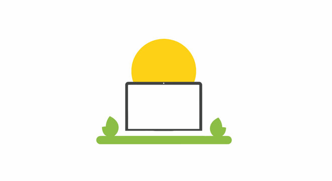A minimalist graphic illustration of a laptop computer sitting on a patch of green grass