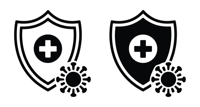 Health shield and virus protection icon set, medical security vector symbols featuring protective shields, healthcare cross, and virus prevention concepts for immunity, infection control, hospital saf