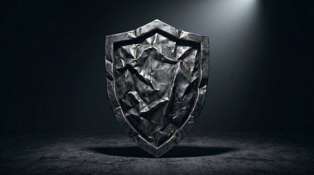 Worn and dented medieval shield suggesting battle-hardened defense and resilience.