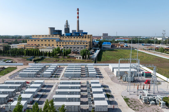 Large-scale energy storage station and thermal power plant in panoramic aerial view
