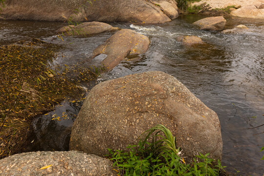 overhead view of boulders and stream