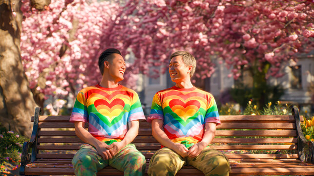 A medium shot of two people sitting on a bench each wearing one half of a matching rainbow heart t-shirt (together forming a complete heart), laughing, park background with cherry blossoms